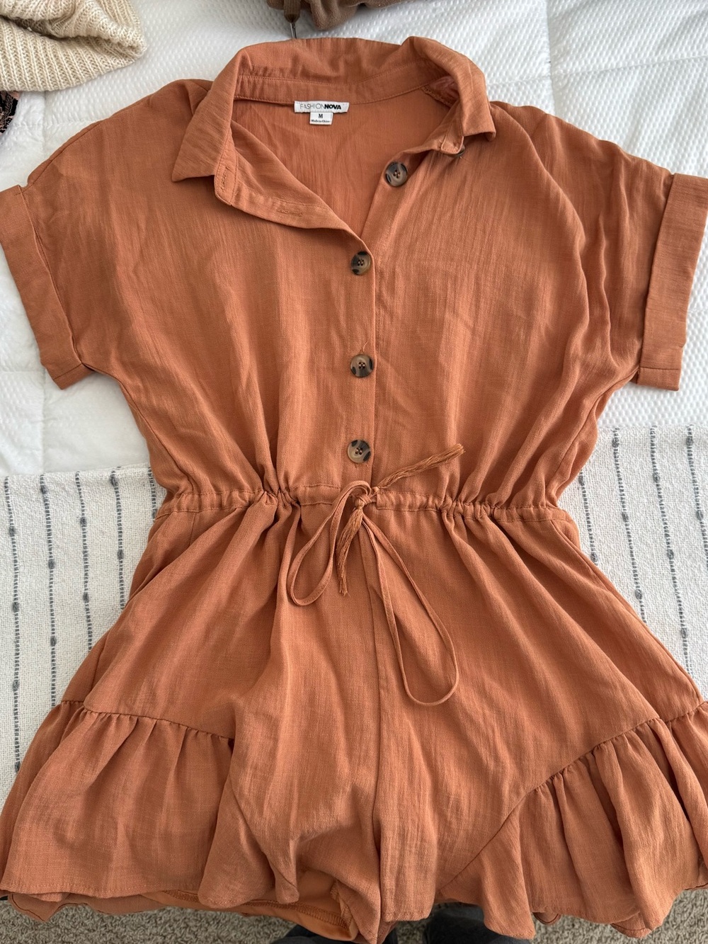 Fashion Nova Rust Orange Button-Front Short Sleeve Dress with Tie Waist
